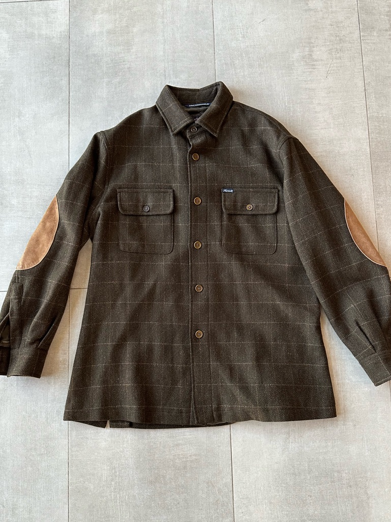 Faconnable Olive Green Lightweight Shirt Jacket With Tan Leather Elbow Patches
